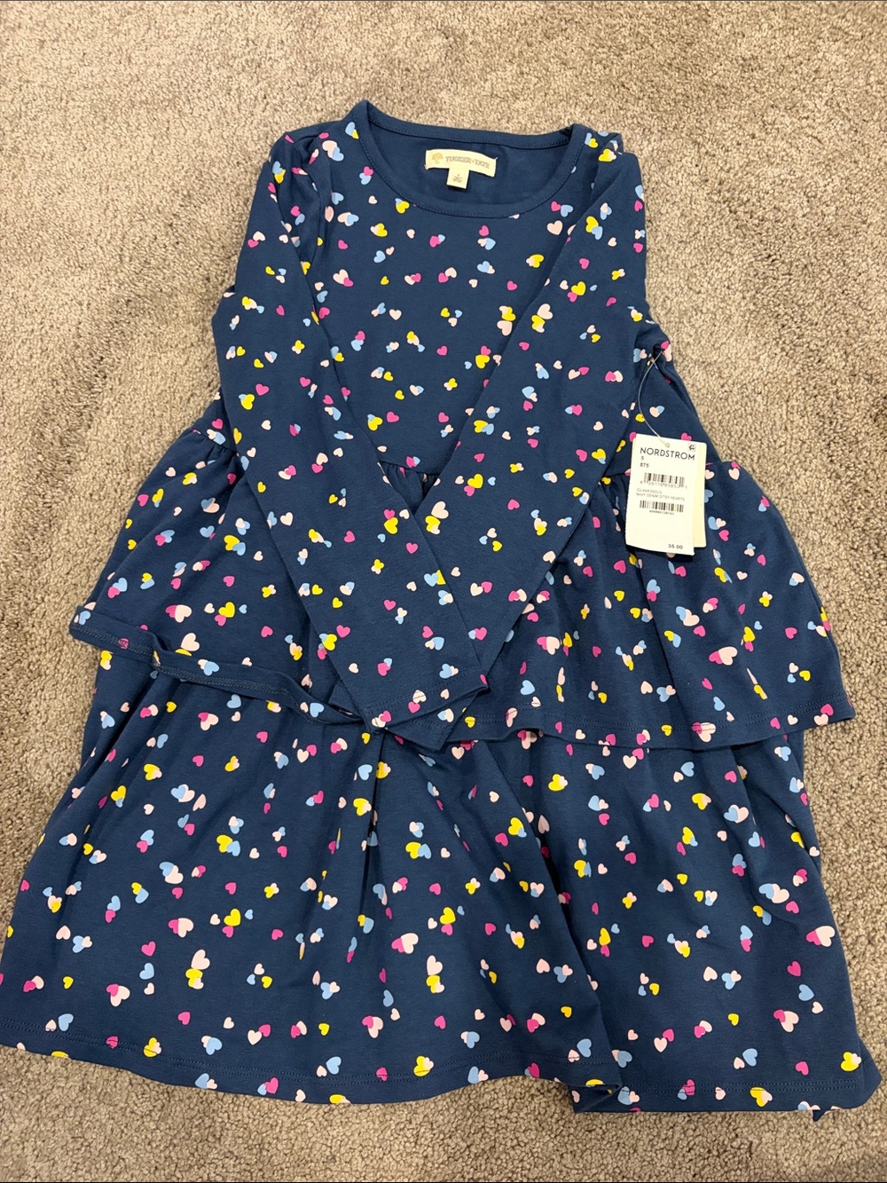 Tucker and Tate by Nordstrom Navy Heart-Print Tiered Long-Sleeve Dress for Girls